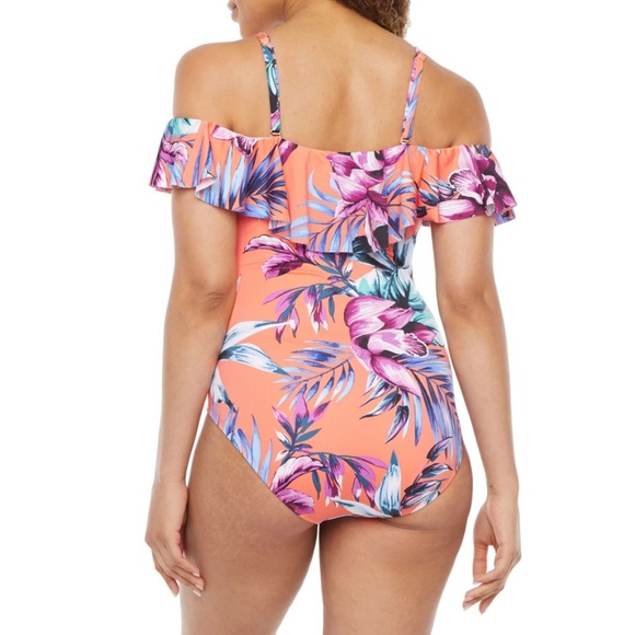 Women’s Liz Claiborne Floral Ruffle Ruched Padded One Piece Swimsuit Size 12 - Picture 2 of 16